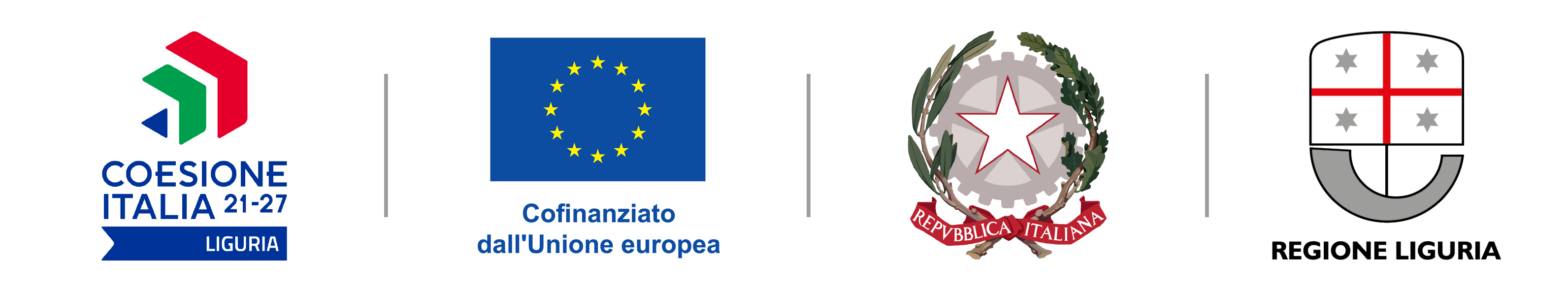 Logotipi progetto cofinanziato Fondo Europeo di sviluppo regionale PR FESR Liguria 2021-2027